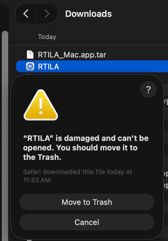 Screenshot of the macOS alert reading: “RTILA X” is damaged and can’t be opened. You should move it to the Trash.
